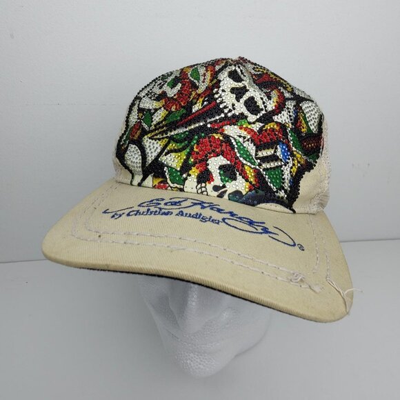 Vintage Y2K Ed Hardy tan / denim rhinestone snap back trucker hat - Picture 1 of 4